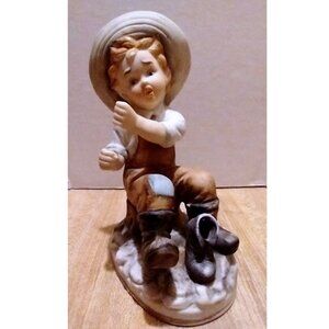 Vintage Country Boy Fishing Ceramic Figurine Statue Pole Missing